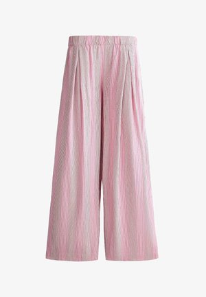 Wide-leg trousers with pink and white vertical stripes and an elastic waistband, pleated at the front for added volume.