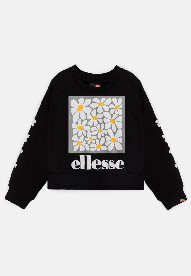 Sweat-shirt court noir avec un imprimé de marguerite blanche dans un carré avec des centres jaunes, et le logo "ellesse" en blanc sur le devant.