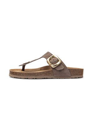 Infradito in suede marrone con una fascia larga, fibbia rettangolare dorata e una soletta in sughero. Suola in gomma con battistrada per una migliore aderenza.