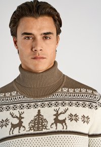 Stickad polotröja i brunt och krämvitt med mönster av renar och snöflingor. Texturerad ribbad krage och kontrasterande stickade mönster.