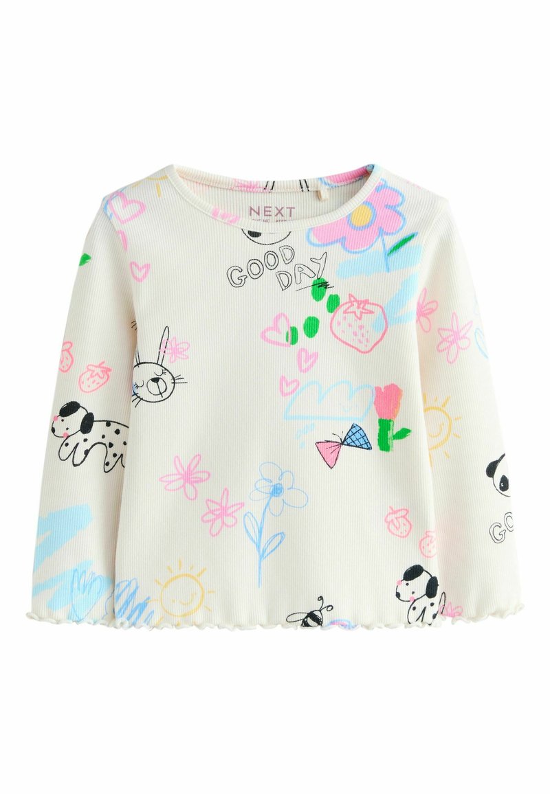 Bluza cu mâneci lungi, cu dungi, albă, cu modele de desene animate multicolore, incluzând flori, animale și texte jucăușe. Detaliu cu tiv ondulat.