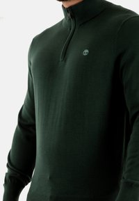 Maglione in cotone verde scuro con colletto alto e mezza zip. Presenta un piccolo logo sul petto e polsi e orlo a coste.