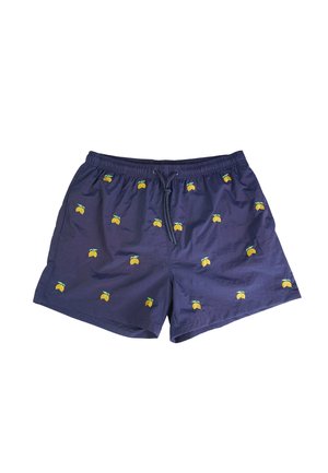 Costume da bagno blu navy con vita elasticizzata e coulisse, decorato con piccoli motivi di limone giallo distribuiti in modo uniforme.