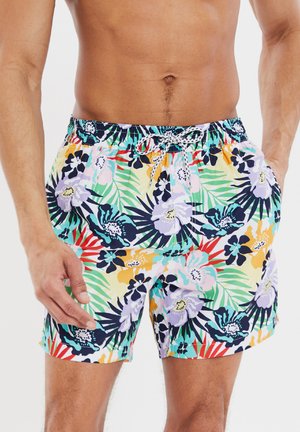Farverige svømshorts med et blomsterprint i grøn, blå, pink og gul. Elastisk talje med justerbar snørre og sidelommer.
