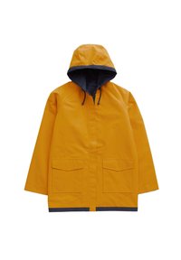 Geltonas vandeniui atsparus džemperis su tamsiai mėlynu gaubtu, turintis dvi priekinės kišenes ir tamsiai mėlyną apdailą. Lygi tekstūra ir laisvas, tiesus siluetas.