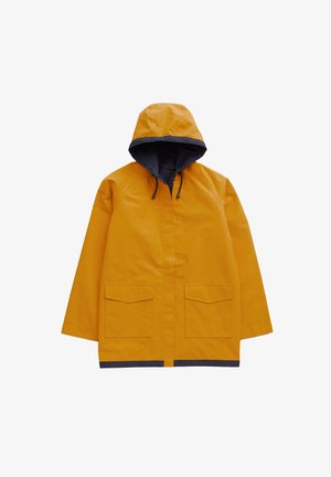 Żółta wodoodporna kurtka z granatowym kapturem, z dwiema przednimi kieszeniami i granatowym dołem. Gładka tekstura oraz luźny, prosty krój.