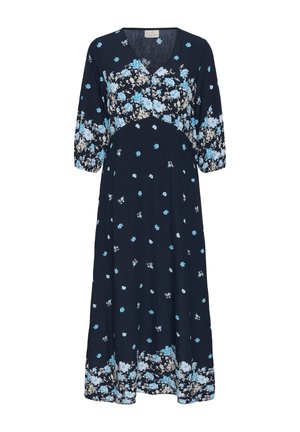 Vestido midi azul marino con estampados florales en azul claro y blanco, escote en V y mangas abullonadas tres cuartos.