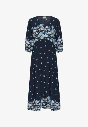 Vestido midi azul marino con estampados florales en azul claro y blanco, escote en V y mangas abullonadas tres cuartos.