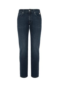 Jeans in denim blu scuro con chiusura anteriore a bottone e zip, stile a cinque tasche e taglio slim dritto.