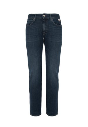 Jeans in denim blu scuro con chiusura anteriore a bottone e zip, stile a cinque tasche e taglio slim dritto.