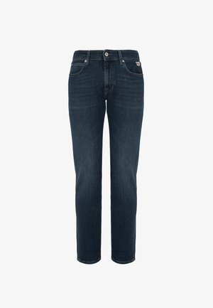 Jeans in denim blu scuro con chiusura anteriore a bottone e zip, stile a cinque tasche e taglio slim dritto.