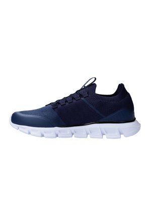 Navy athletic shoes with a breathable mesh upper, featuring a textured design, elastic laces, and a lightweight white sole.