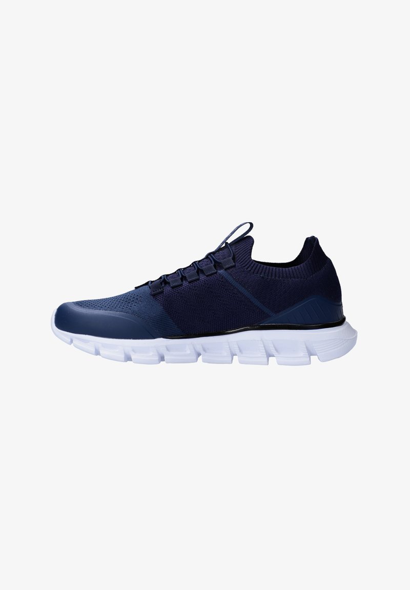 Scarpe sportive navy con tomaia in mesh traspirante, caratterizzate da un design testurizzato, lacci elasticizzati e una suola bianca leggera.