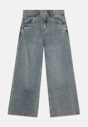 Szerokie niebieskie jeansy z denimu z wysokim stanem, guzikiem i zamkiem błyskawicznym z przodu oraz pięcioma kieszeniami.