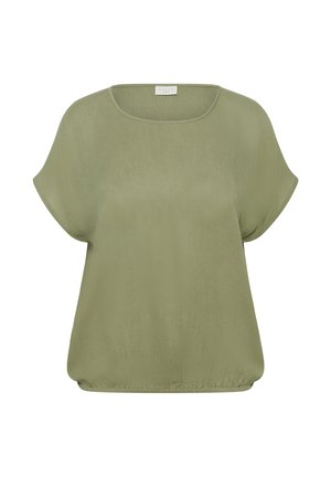 Kortærmet, loszittend top in olijfgroen. Gemaakt van gladde stof met een ronde halslijn en een geplooide zoom. Eenvoudig, gestroomlijnd ontwerp.