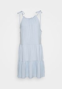 Hellblaues ärmelloses Kleid mit gerafftem Ausschnitt und gebundenen Schulterträgern, ausgestattet mit einem gestuften, fransigen Rock.