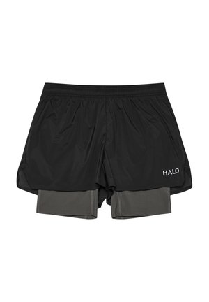 Sort løbeshorts med grå indbygget kompressionsfor og "HALO" trykt på nederste højre front. Shortsene ligger fladt på en hvid baggrund.