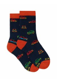 Calzini blu navy con risvolti e punte arancioni, caratterizzati da fantomatici motivi di automobili colorate. Realizzati in un tessuto morbido, adatti per un abbigliamento casual.