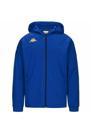 Blauwe gewatteerde jas van gladde stof, met een volle rits, zwarte accenten en een gouden logo op de linkerkant van de borst en schouder.