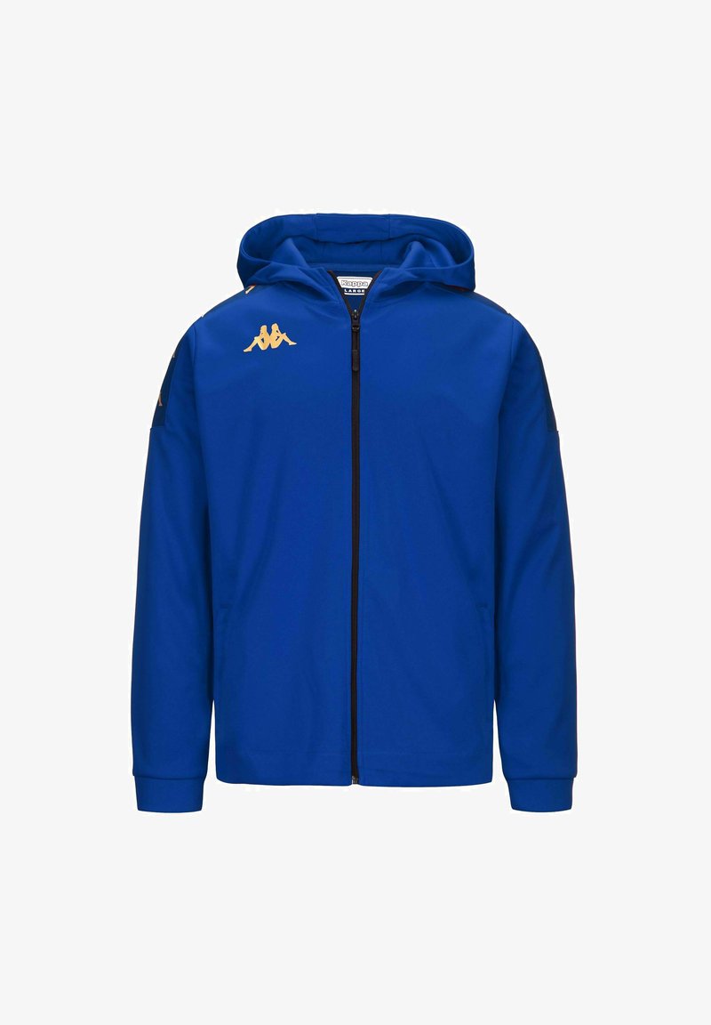 Giacca con cappuccio blu realizzata in tessuto liscio, dotata di zip completa, dettagli neri e un logo dorato sul lato sinistro del petto e sulla spalla.