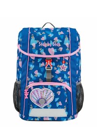 Blue backpack with a heart pattern in pink and lavender. Features a shell applique, pink accents, and mesh side pockets.