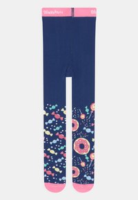 Marine tights med en rosa midjebånd, prydet med et lekent mønster av godteri ogkringler i livlige farger på den nedre halvdelen. Mykt strikket stoff.