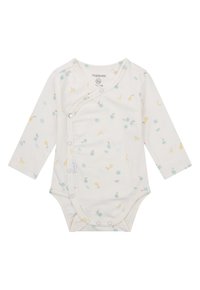Langärmliger Body in Creme mit einem verspielten Muster aus gelben Bananen und blauen Kreisen. Druckknopfverschluss vorne für einfaches Ankleiden.