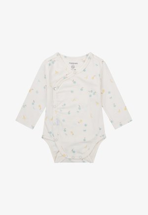 Langsleeve bodysuit in roomkleur, met een speels patroon van gele bananen en blauwe cirkels. Drukknopen aan de voorkant voor gemakkelijk aankleden.