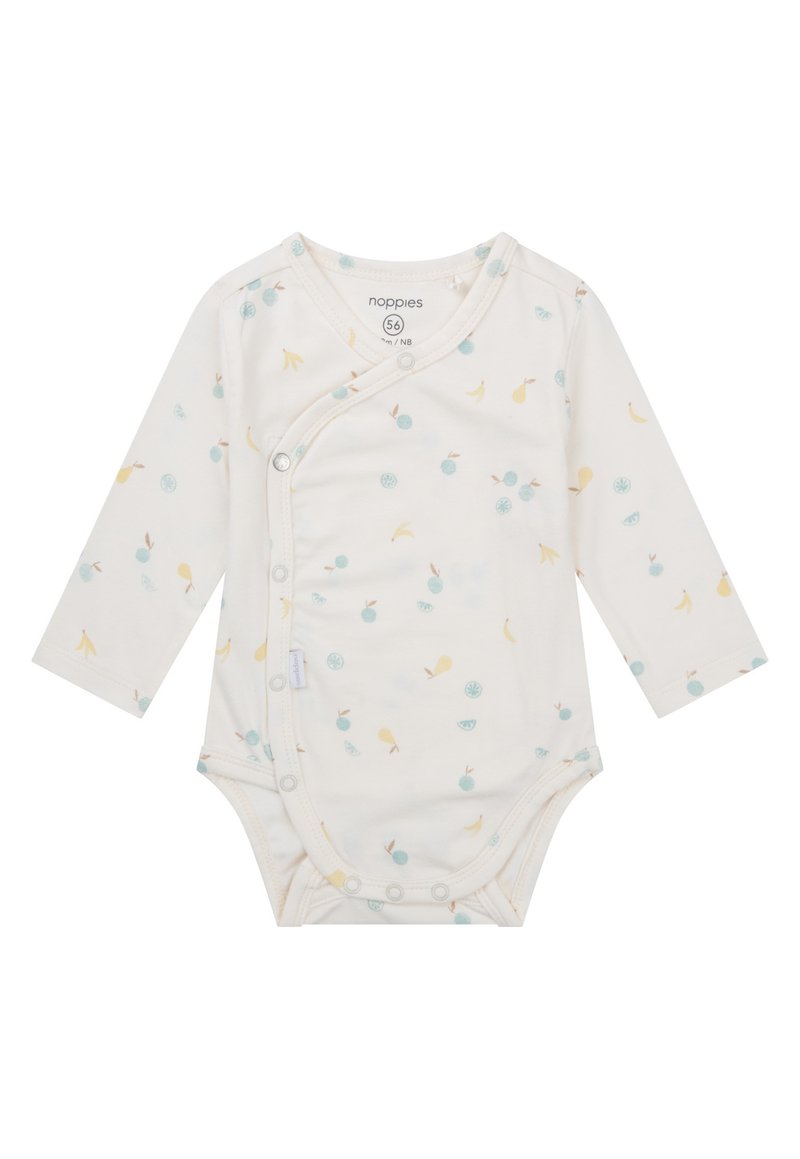 Langärmliger Body in Creme mit einem verspielten Muster aus gelben Bananen und blauen Kreisen. Druckknopfverschluss vorne für einfaches Ankleiden.