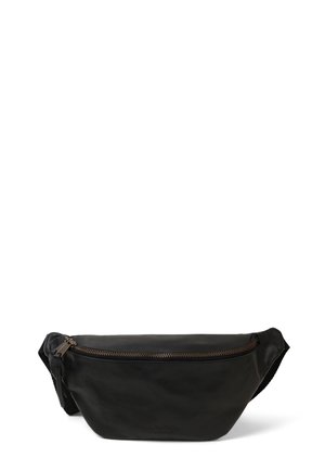Black leather fanny pack with a smooth texture, zippered closure, and a short strap. Features subtle branding on the front.