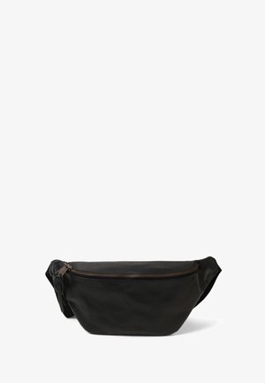 Black leather fanny pack with a smooth texture, zippered closure, and a short strap. Features subtle branding on the front.