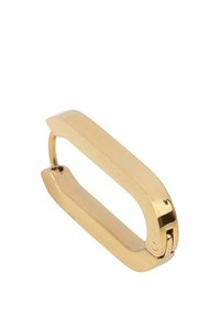 Rectangular gold hoop earring with a smooth, polished surface and a hinged clasp closure on a white background.