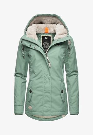 Giacca verde chiaro con zip e cappuccio. Interno foderato in fleece e tasche, cordoncino regolabile sul cappuccio e rifiniture in metallo argentato.