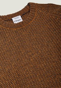 Gestrickter Rundhals-Pullover in dunklen Brauntönen und Orangetönen, mit einem strukturierten Muster. Das Etikett trägt die Aufschrift "Clepto" mit zusätzlichen Markeninformationen.