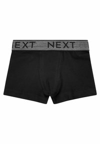 Crne pamučne bokserice s sivim elastikom na pojasu s ispisom "NEXT" u crnoj boji. Prednji dio ima oblikovani žep.