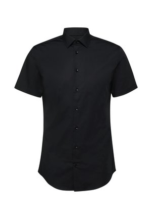 Czarna koszula na krótkim rękawie, zapinana na guziki, z ostrym kołnierzem, wąskim krojem i siedmioma czarnymi guzikami z przodu na środku.