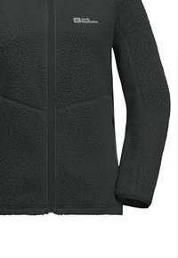 Giacca in pile nera con superficie texturizzata, dotata di zip frontale e logo sulla parte superiore sinistra. Design aderente con maniche lunghe.