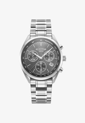 Rustfrit stål chronograph ur med en grå urskive, tre små urskiver, dato visning og tachymeter. Har et link armband design.