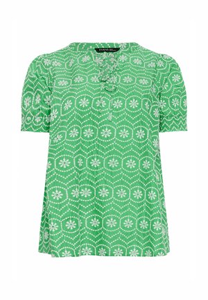 Grüne kurzärmelige Bluse mit weißem Blumen- und geometrischem Punktmuster, rundem Ausschnitt mit Bindedetail und elastischen Bündchen an den Ärmeln.