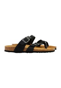 Zwarte sandalen met kurken zool en drie verstelbare banden, voorzien van zilveren gespen, een gestructureerd oppervlak en een gevoerd voetbed.