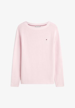 Světle růžový pletený svetr s kulatým výstřihem, dlouhými raglánovými rukávy a malým logem na hrudi. Měkká textura a pohodlný střih.