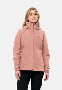 Waterproof pink jacket with a high collar, adjustable cuffs, and a logo on the chest. Features a smooth, lightweight fabric texture.