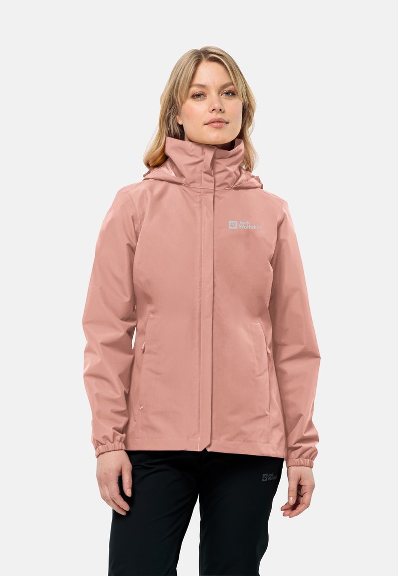 Waterproof pink jacket with a high collar, adjustable cuffs, and a logo on the chest. Features a smooth, lightweight fabric texture.