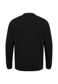 Svart sweatshirt med långa ärmar, rund nacke och ribbat avslut. Slät textur, minimalistisk design och inga synliga logotyper eller mönster.
