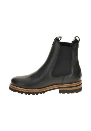 Black leather Chelsea boot with elastic side panels, round toe, and brown layered sole. Features pull tabs for easy wear. Textured finish.