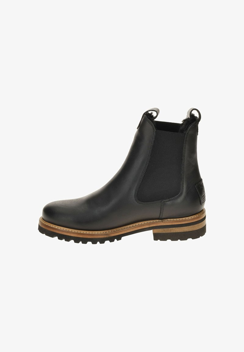 Black leather Chelsea boot with elastic side panels, round toe, and brown layered sole. Features pull tabs for easy wear. Textured finish.