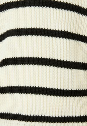 Tessuto a maglia a righe con linee orizzontali alternate in nero e crema. La trama è a coste, indicando elasticità e flessibilità.