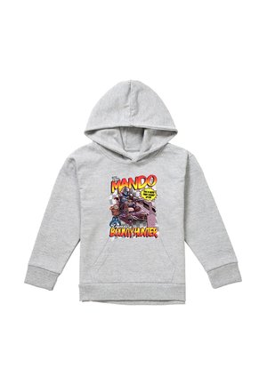 Hellgrauer Kapuzenpullover mit einer bunten Grafik eines Mandalorianers und dem Text "The Mando Legendary Bounty Hunter".