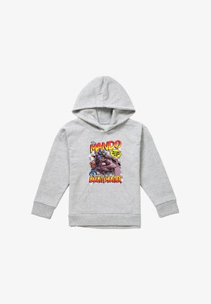 Hellgrauer Kapuzenpullover mit einer bunten Grafik eines Mandalorianers und dem Text "The Mando Legendary Bounty Hunter".