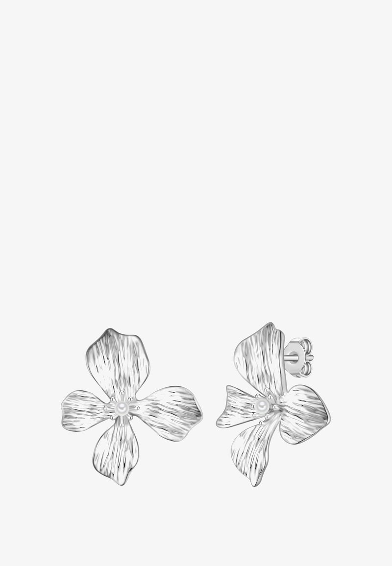Srebrni uhani v obliki cvetov s strukturiranimi cvetnimi listi, ki imajo osrednji detajl z biserom. Namenjeni so za pritrjevanje s študom in imajo poliran zaključek.